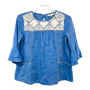 Ann Taylor Loft Chambray Top Size‎ M Ladder Lace Crochet 3/4 Flutter Sleeve